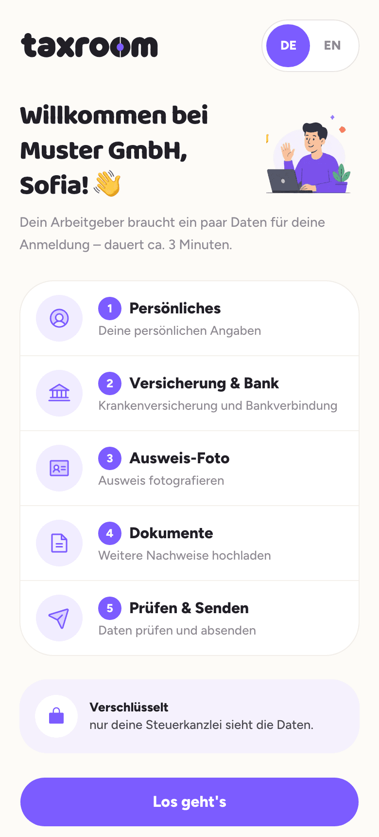 Der Mitarbeiter-Flow auf dem Handy: Begrüßung durch den Arbeitgeber, Umschalter zwischen DE und EN und die fünf Schritte von „Persönliches“ bis „Prüfen & Senden“.